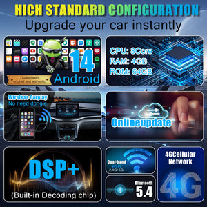 Universal Android 14 car radio, 10.1 inch Electric screen, Octa Cores(4+64GB), Wireless Carplay, DSP+
